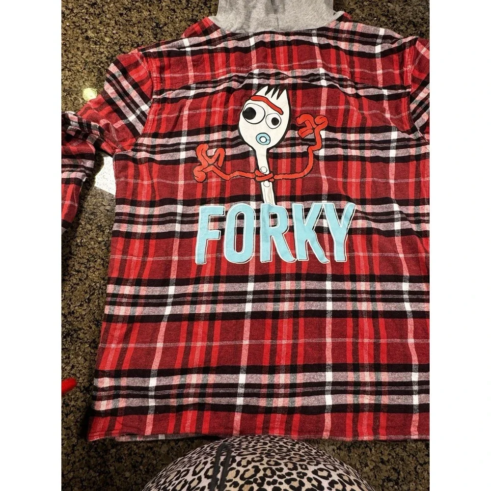 Disney Forky Plaid Flannel Full Zip Hoodie Jacket Adult Large Red Toy Story EUC
